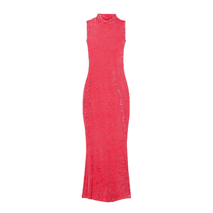 Amy lynn high neck fitted maxi dress with premium stretchy velvet fabric with embossed zebra print in pink