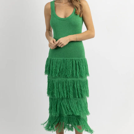 GREEN KNIT TIERED FRINGE MAXI DRESS| LEO GARNETTE GREEN KNIT TIERED FRINGE MAXI DRESS| LEO GARNETTE