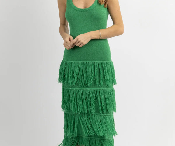 KNIT TIERED FRINGE MAXI DRESS KNIT TIERED FRINGE MAXI DRESS