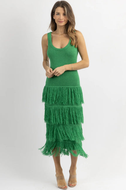 KNIT TIERED FRINGE MAXI DRESS