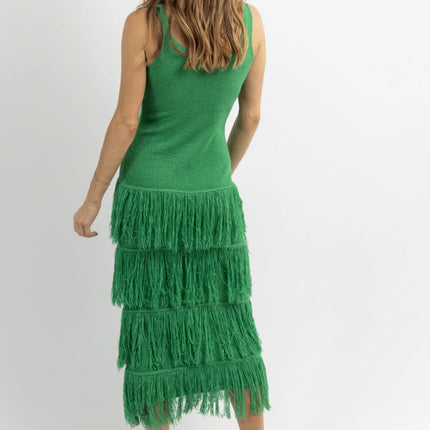 GREEN KNIT TIERED FRINGE MAXI DRESS| LEO GARNETTE GREEN KNIT TIERED FRINGE MAXI DRESS| LEO GARNETTE