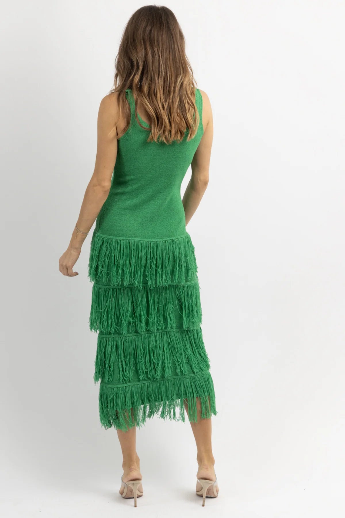 GREEN KNIT TIERED FRINGE MAXI DRESS| LEO GARNETTE